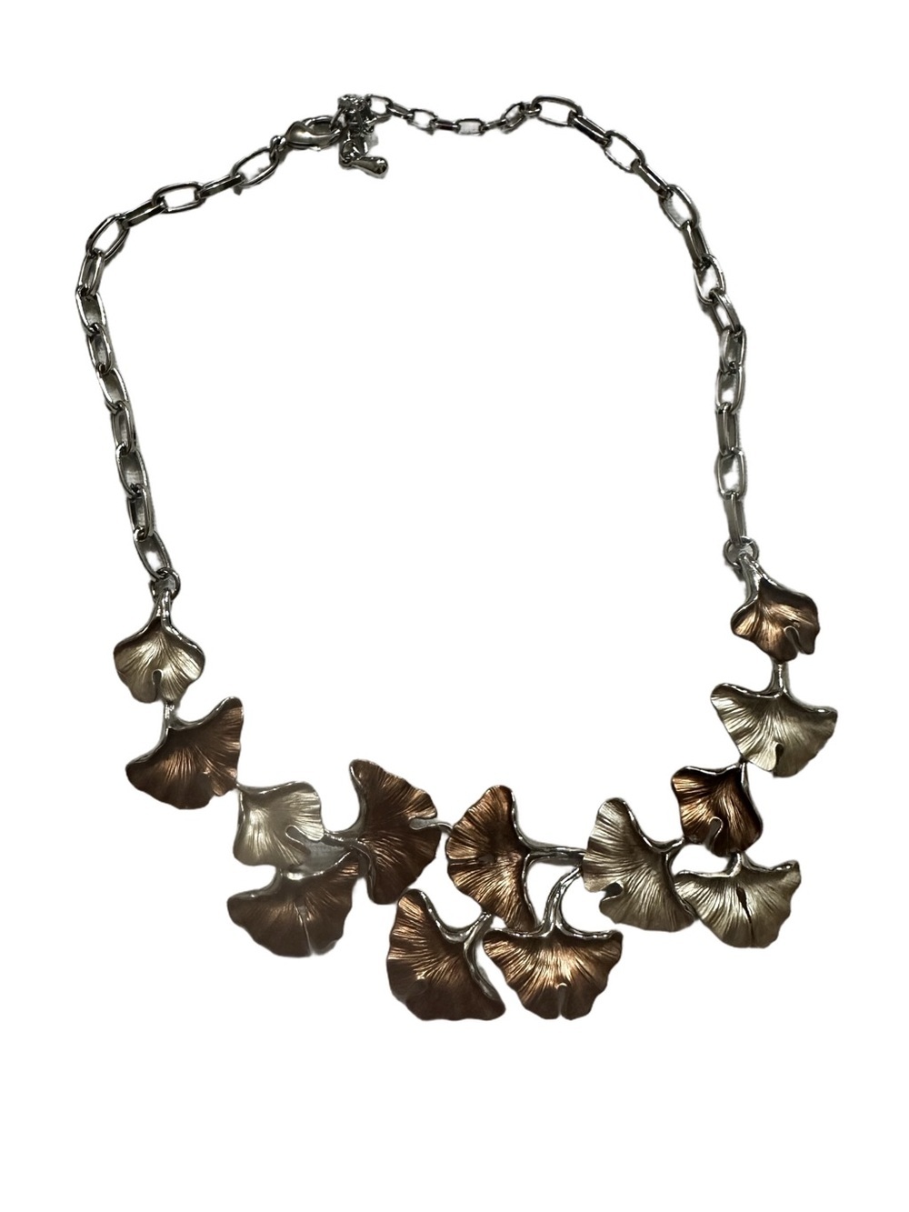 Two-Tone Ginkgo Leaf Statement Necklace Silver & Bronze Silver Tone Chain Line